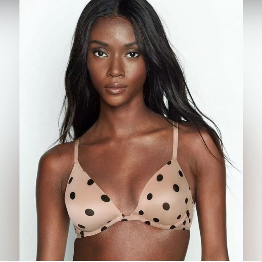 Victoria's Secret Sexy Tee Unlined Demi Bra Nude Black Polka Dots 32DDD